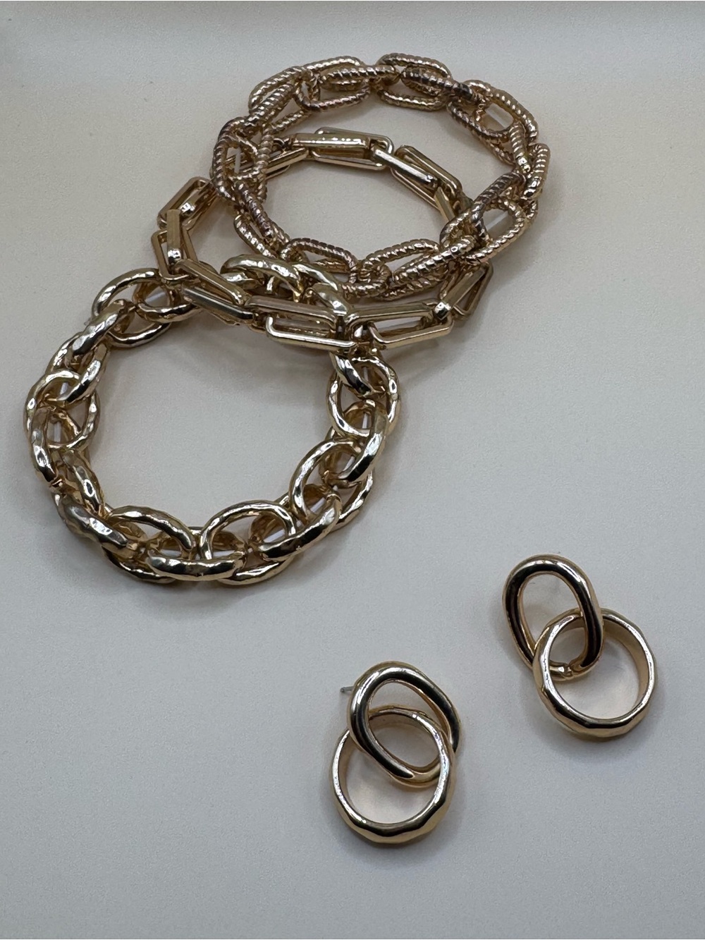 Gold-Tone Bracelet & Earrings Set – 3 Bracelets + Statement Earrings – Worn Once